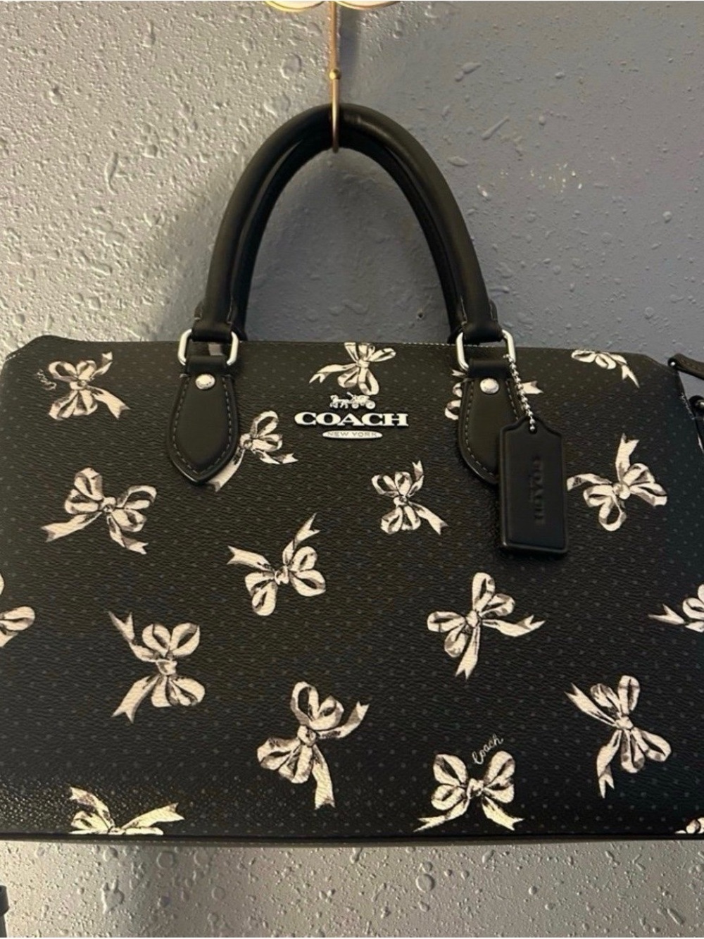 Coach Black Satchel with White Bow Print